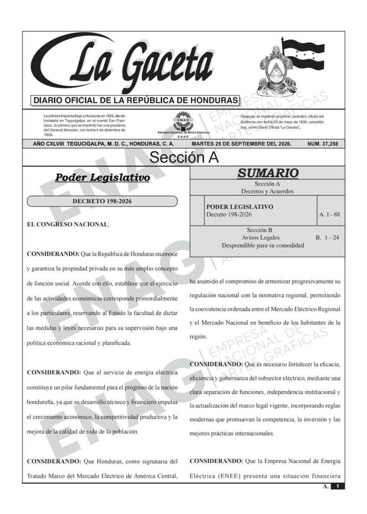 En vigencia la Ley de Justicia Energética tras publicarse en La Gaceta hdspm 002